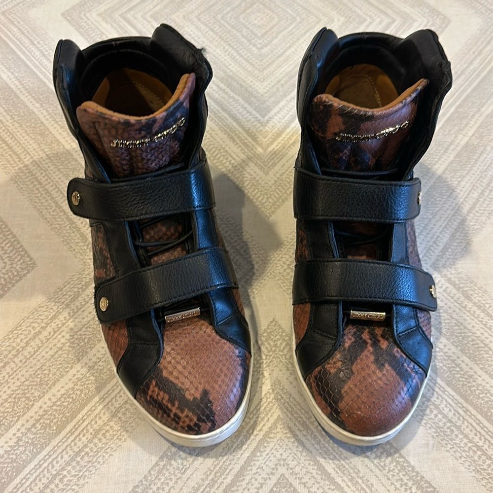 Jimmy Choo Yazz Black Brown Snakeskin Print High-Top Sneakers Gold Velcro Siz 37